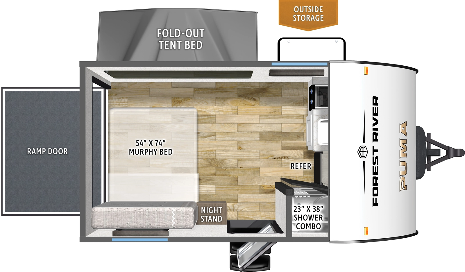 The Puma Camping Edition 141THCE floorplan is a toy hauler that has one entry and zero slide outs. Exterior features include: metal exterior and 9' awning. Interiors features include: front kitchen and rear bedroom.